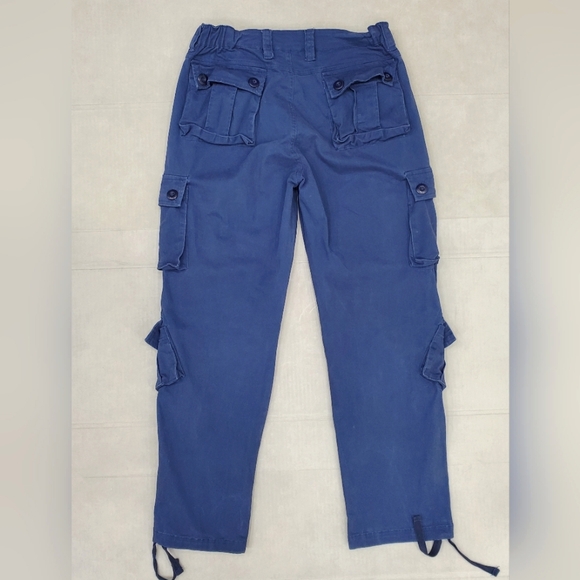 Y2K cargo pants women's size 12 blue stretch twill elastic sides drawstring hem - Picture 2 of 9